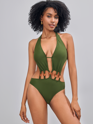 Halter Solid Cut Out Ring Linked One Piece Swimsuit