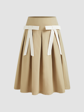 Woven Mid Rise Solid Bowknot Pleated Midi Skirt