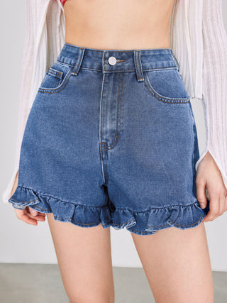 Cider Denim High Rise Ruffle Hem Solid Straight Leg Shorts