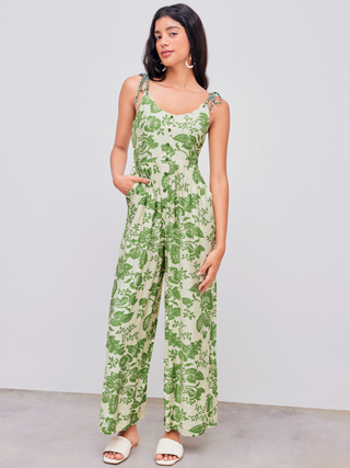 Floral Knotted Button Wide Leg Jumpsuit