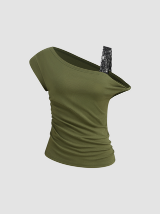 Jersey Asymmetrical Neck Solid Ruched Top