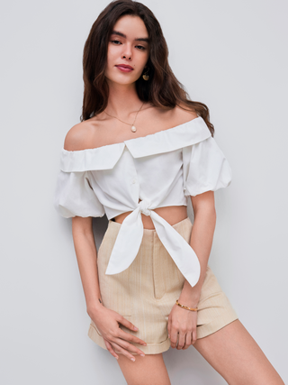 Woven Off-shoulder Solid Crop Short Sleeve Blouse