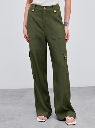 Woven Mid Rise Solid Cargo Straight Leg Trousers