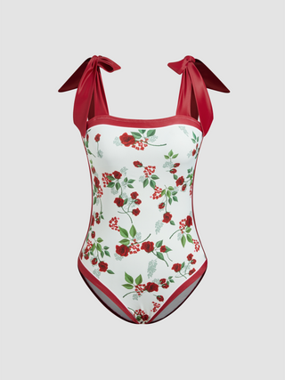 Jersey Square Neck Floral Bowknot Shaping One Piece Swimsuit