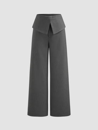 Woven Fold Over Waist Mid Rise Solid Wide Leg Trousers