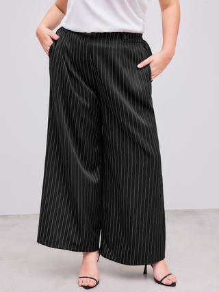 Woven Mid Rise Striped Button Pocket Wide Leg Trousers Curve & Plus