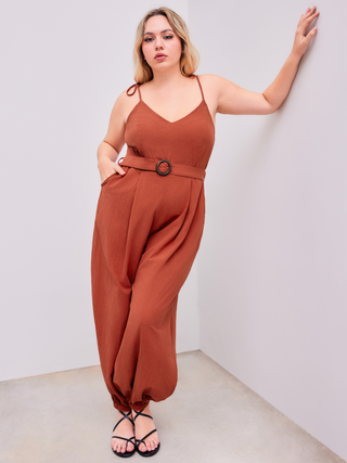 V-neck Solid Ring Knotted Pocket Jumpsuit With Belt Curve & Plus