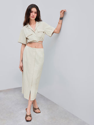 Linen-blend Collar Solid Knotted Crop Short Sleeve Blouse