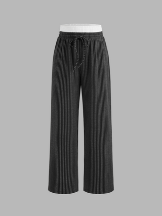 Woven Mid Rise Solid Striped Contrasting Binding Straight Leg Trousers