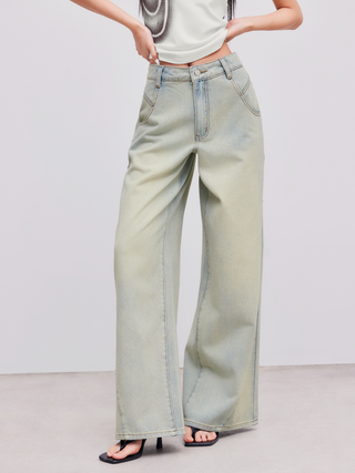 Cider Denim Mid Rise Pocket Baggy Wide Leg Jeans