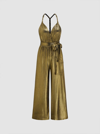 Metallic V-neck Solid Criss Cross Knotted Jumpsuit