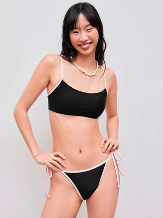 Square Neck Solid Contrasting Binding Bracelet Tie Side Bikini Swimsuit