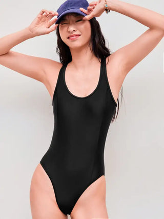 Shaping Scoop Neck Solid Cut Out One Piece Swimsuit