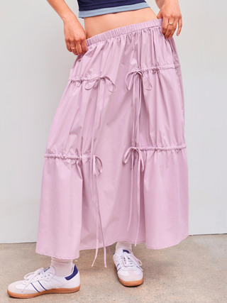 Woven High Rise Solid Drawstring Knotted Midi Skirt