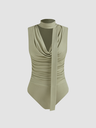 Cowl Neck Solid Ruched Bodysuit