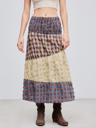 Woven Mid Rise Check Colorblock Maxi Skirt