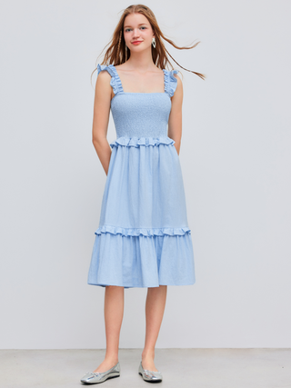 Woven Square Neck Solid Lettuce Trim Shirred Midi Dress