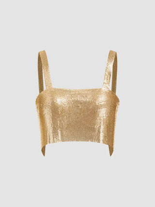 Metallic Square Neck Solid Backless Tank Crop Top