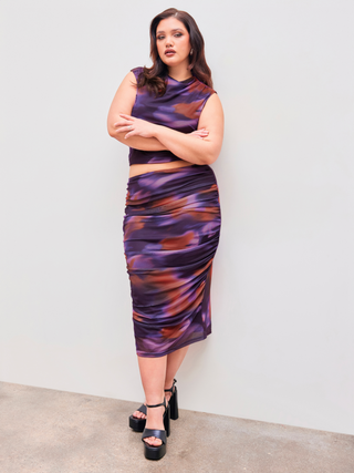 Mesh Abstract Crop Tank Top & Ruched Maxi Skirt Curve & Plus