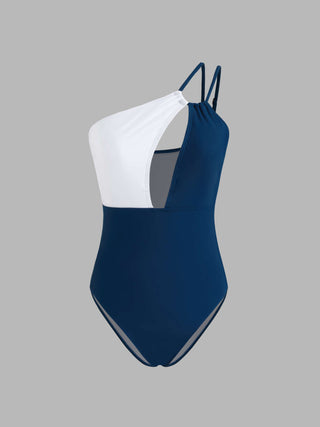 Shaping Asymmetrical Neck Two Tone Cut Out One Piece Swimsuit