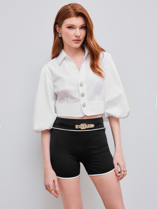 Woven Collar Rhinestone Button Bubble Middle Sleeve Crop Shirt