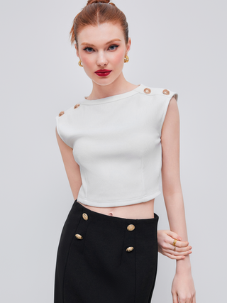 Round Neck Solid Metal Button Crop Tank Top