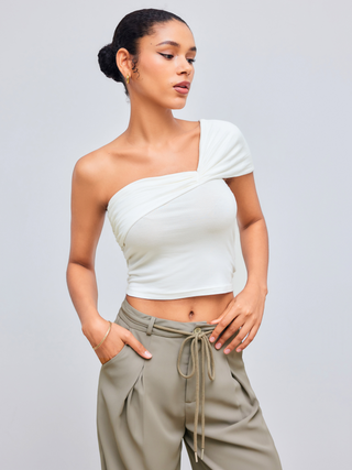 Asymmetrical Neck Solid Ruched Top