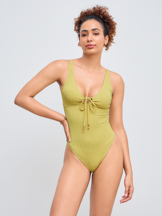 V-neck Solid Knotted Shaping One Piece Swimsuit