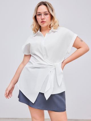 Woven Collar Solid Knotted Short Sleeve Shirt Curve & Plus