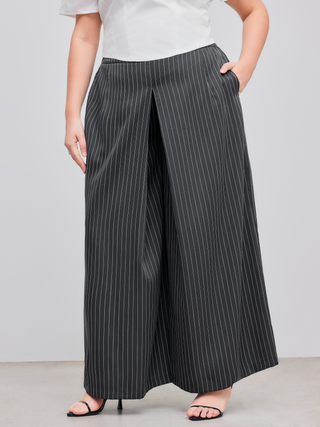 Woven Mid Rise Striped Pleated Pocket Wide Leg Trousers Curve & Plus