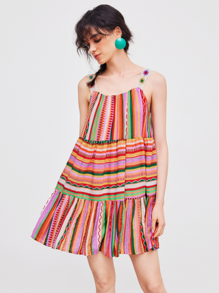 Scoop Neckline Colorful Striped Floral Embroidery Mini Dress