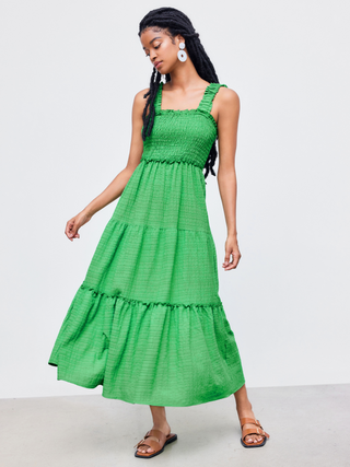 Square Neck Shirred Tiered Solid Maxi Dress