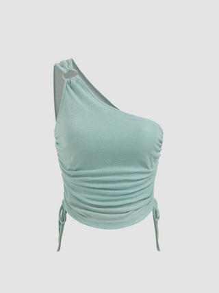 Asymmetrical Neck Solid O-ring Ruched Drawstring Knotted Crop Top