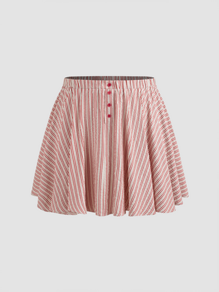 Woven Mid Rise Elastic Waist Striped Button Mini Skirt Curve & Plus