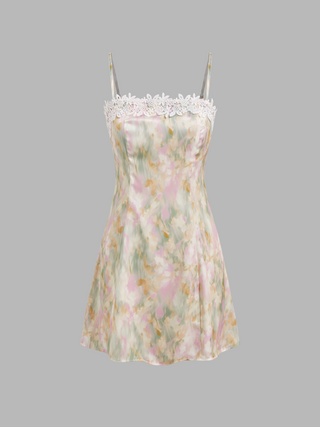 Square Neck Floral Contrasting Binding Cami Mini Dress