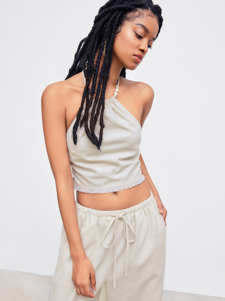 Linen-blend Halter Solid Beaded Knotted Crop Top