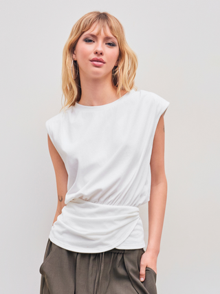 Cotton-blend Round Neckline Solid Ruched Short Sleeve Top