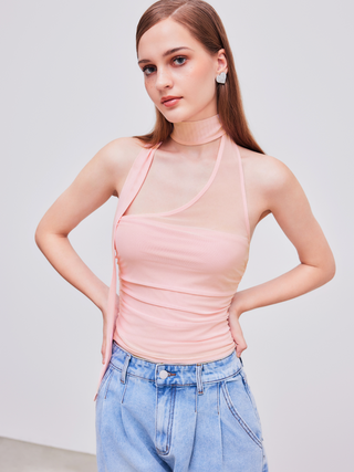 Mesh Asymmetrical Neck Solid Ruffle Hem Ruched Top