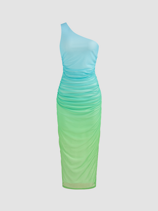 Mesh Asymmetrical Neck Gradient Ruched Maxi Dress