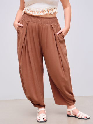 Linen-blend Mid Rise Shirred Pocket Wide Leg Trousers Curve & Plus