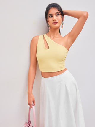 Asymmetrical Neck Solid Cut Out Crop Top