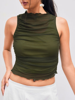 Mesh High Neck Solid Ruched Crop Tank Top