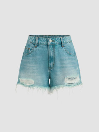 Cider Denim Mid Rise Solid Stitch Heart Pocket Ripped Shorts