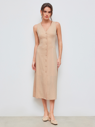 V-neck Solid Button Sleeveless Maxi Dress