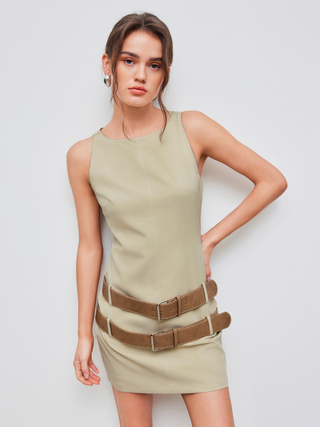 Round Neckline Solid Sleeveless Mini Dress With Two Belts