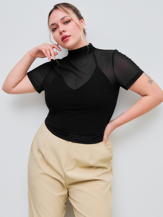 Mesh High Neck Solid See-through Short Sleeve Jersey Top Curve & Plus