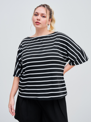 Boat Neck Striped Short Sleeve Tee Curve & Plus