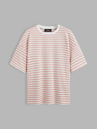 Cotton-blend Round Neck Striped Oversized Short Sleeve Tee