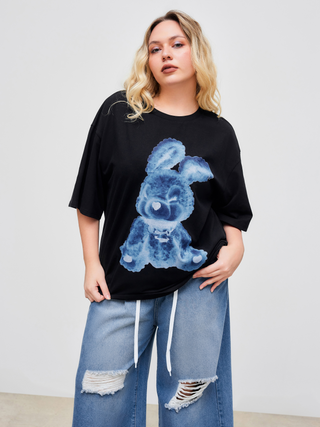 Cotton-blend Round Neckline Rabbit Graphic Short Sleeve Tee Curve & Plus