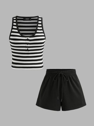 Round Neckline Striped Tank Top With High Rise Solid Wide Leg Shorts